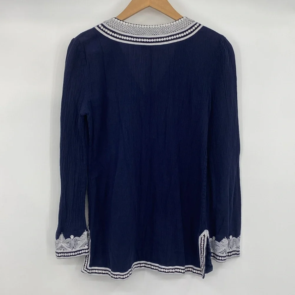 Tory Burch Tunic Blouse Top Womens Size 8 Blue White‎ Lace Long Sleeves V Neck